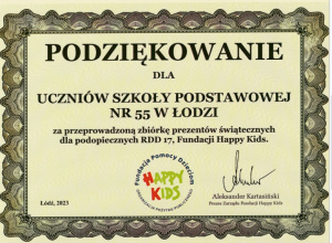 Podziękowanie od fundacji Happy Kids