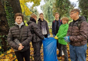 chłopcy worek liście jesienne drzewa